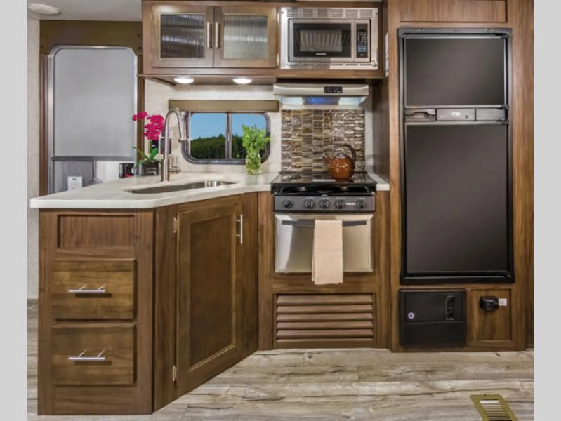 Cherokee Grey Wolf toy hauler travel trailer- interior kitchen