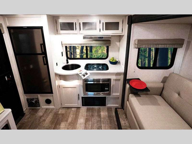 R-Pod Travel Trailer interior kitchen area and sofa