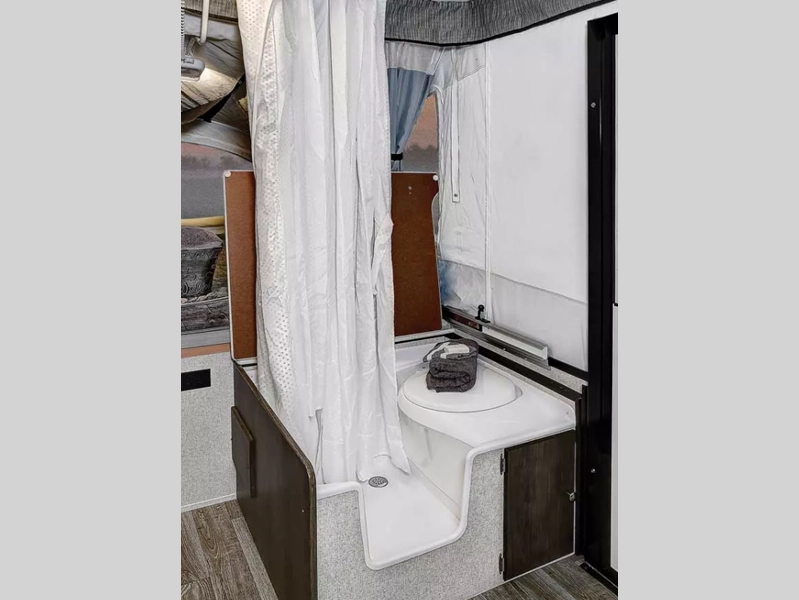Clipper LS ultra lightweight popup Camping Trailer interior- wet bath with toilet and shower
