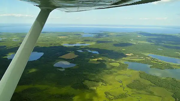 View from plane of greenery and water in Mille Lacs Kathio State Park