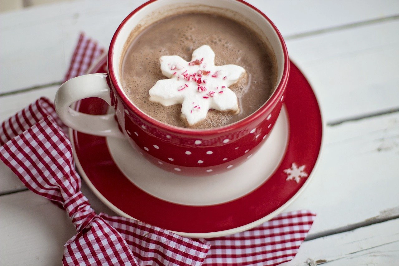 Hot cocoa in red mug with marshmallow