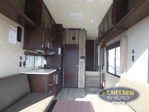 Forest River Cherokee toy hauler fifth wheel- living area and kitchen