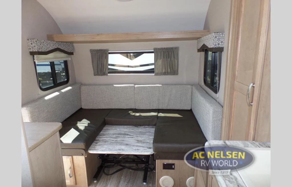 Winnebago Minnie Drop teardrop travel trailer- interior with convertible U shaped dinette